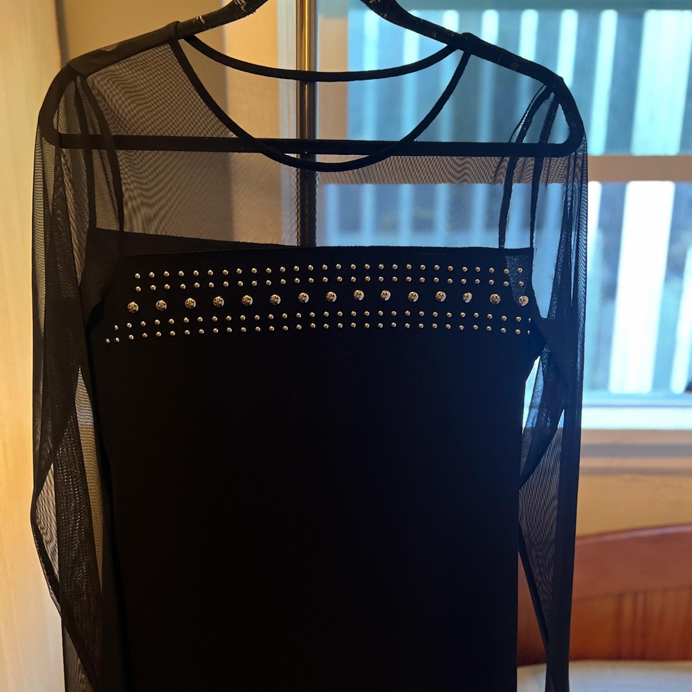 INC International Concepts Black Sheer Long-Sleeve Studded Top